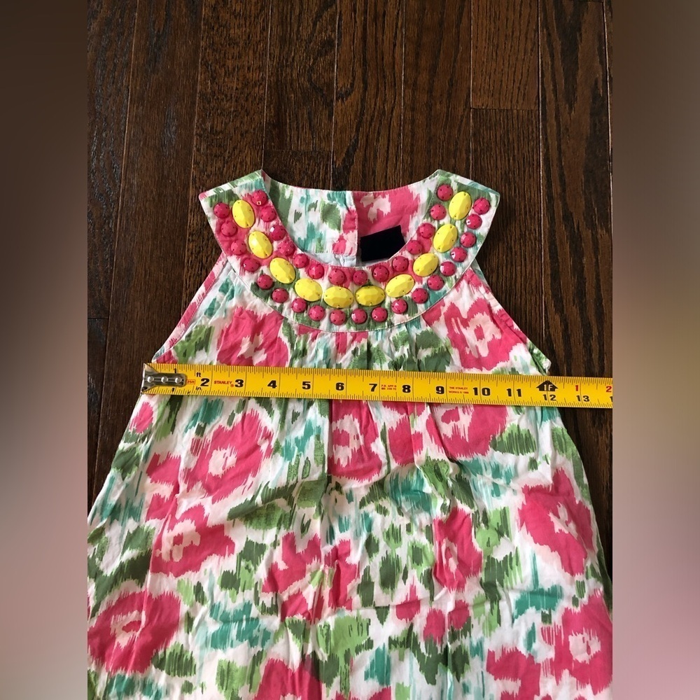 Mini Boden Girls 5-6Y Pink/Green Floral Shift Dress w/Jeweled Neckline - EUC! - Picture 3 of 9